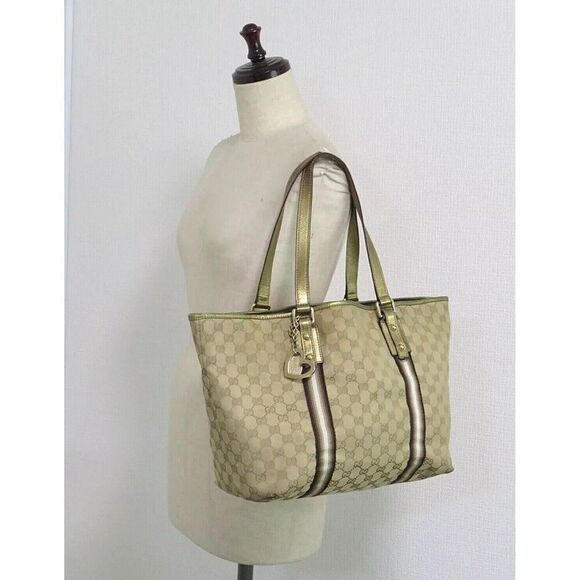 Auth GUCCI Brown GG Canvas and Gold Leather Sherry Line Tote Bag Purse #56244​ - Picture 9 of 14
